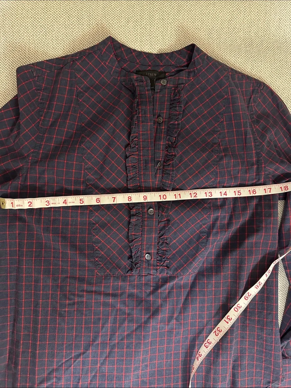 J. Crew Navy and Red Checked Ruffle-Trim Long-Sleeve Shirt